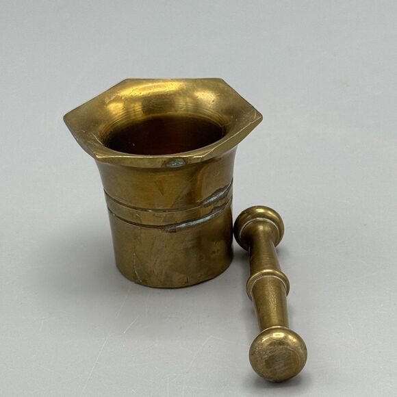 Vtg Solid Brass Mortar and Pestle Set Hexagon Top Shape Apothecary 1.5" T - Picture 5 of 9